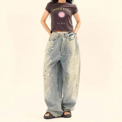 Washed Distressed Casual Loose Wide-leg Baggy Jeans Pant Splash-ink Design Slimming Unisex Style Mop Pants Men And Women - www.Shopthatapp.com