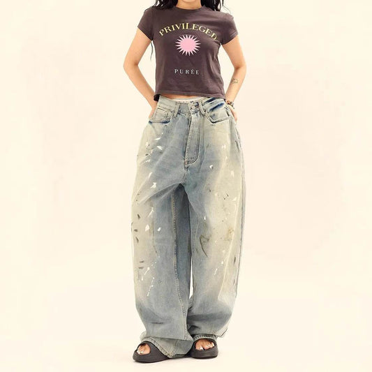 Washed Distressed Casual Loose Wide-leg Baggy Jeans Pant Splash-ink Design Slimming Unisex Style Mop Pants Men And Women - www.Shopthatapp.com