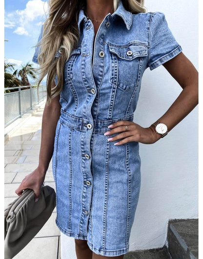 Stretch Mid Length Retro jeans Slim Single-breasted button down short sleeve Denim Dress - www.Shopthatapp.com