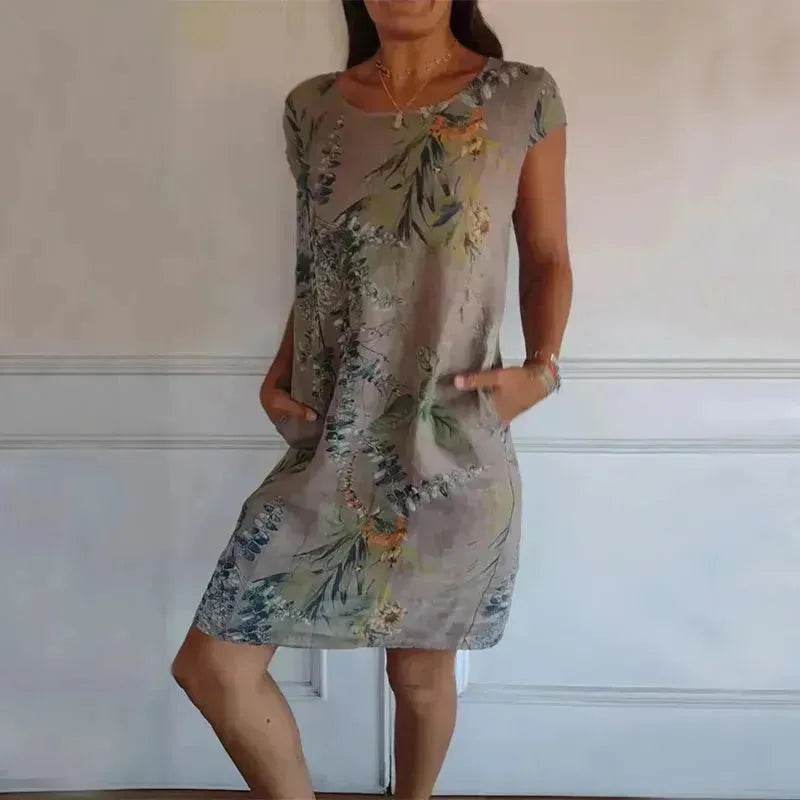 Casual Floral Printed Straight Dress Summer Loose Round Neck Short Sleeve Midi Dresses Womens Clothing - www.Shopthatapp.com