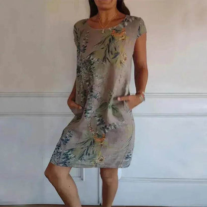 Casual Floral Printed Straight Dress Summer Loose Round Neck Short Sleeve Midi Dresses Womens Clothing - www.Shopthatapp.com