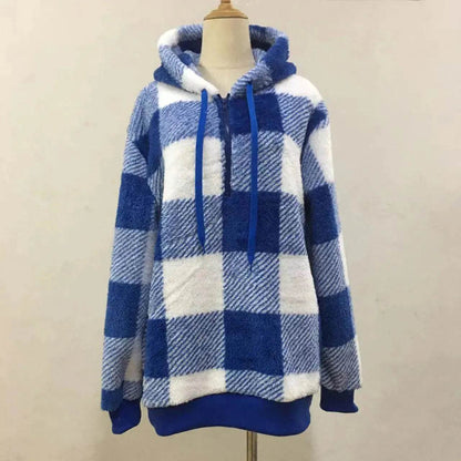 Casual Thick Fleece Plush half zip Plaid Hoodie Pullover top for women - www.Shopthatapp.com