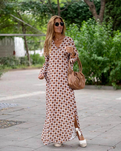 Summer Geometric Printed V-neck Long Dress Fashion Long Sleeve Slit Dresses For Women - www.Shopthatapp.com