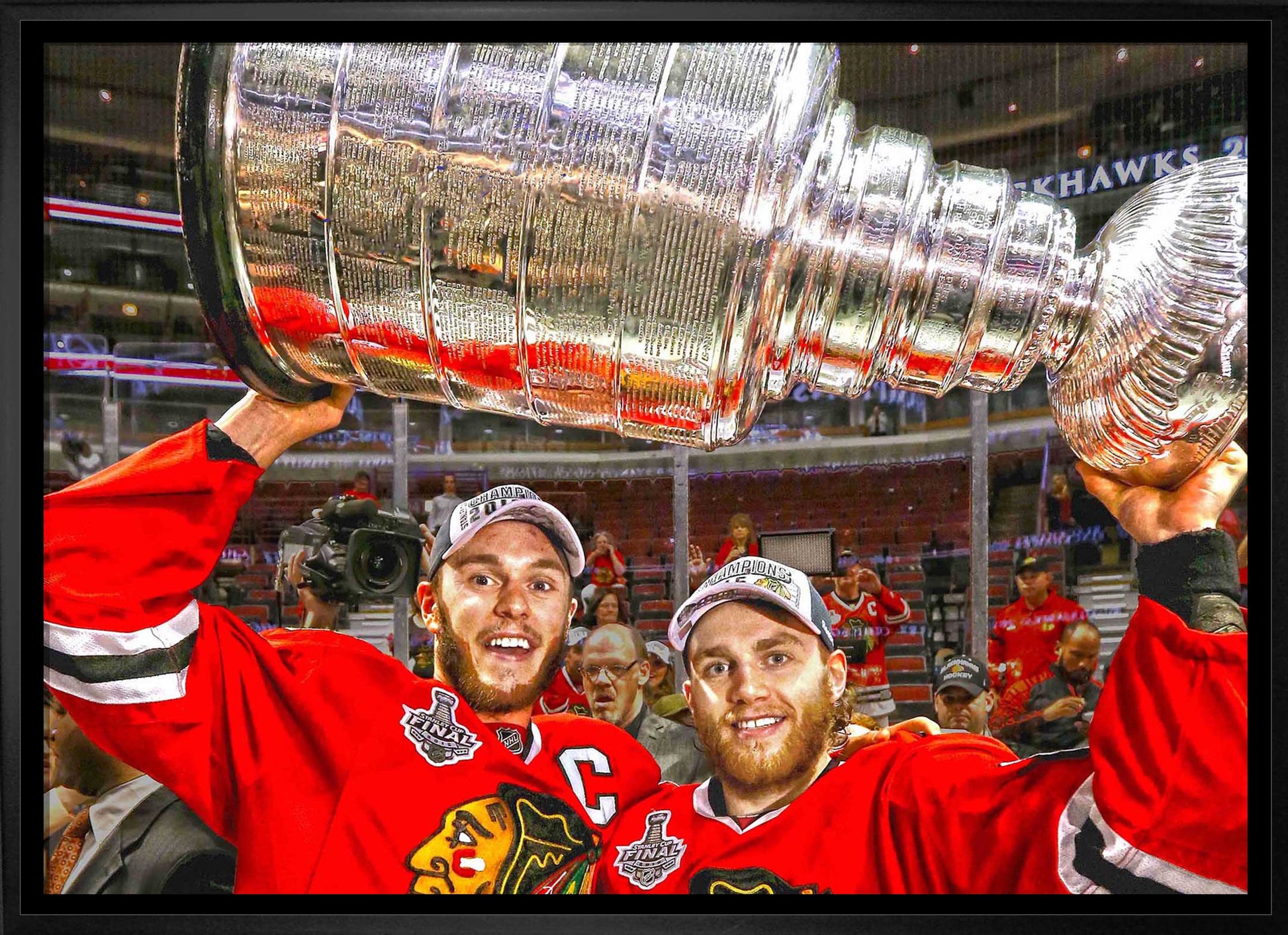Jonathan Toews & Patrick Kane Chicago Blackhawks Framed 20x29 Lifting Stanley Cup Canvas - www.Shopthatapp.com