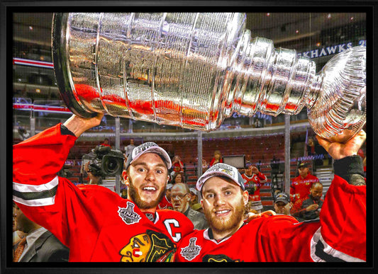 Jonathan Toews & Patrick Kane Chicago Blackhawks Framed 20x29 Lifting Stanley Cup Canvas - www.Shopthatapp.com