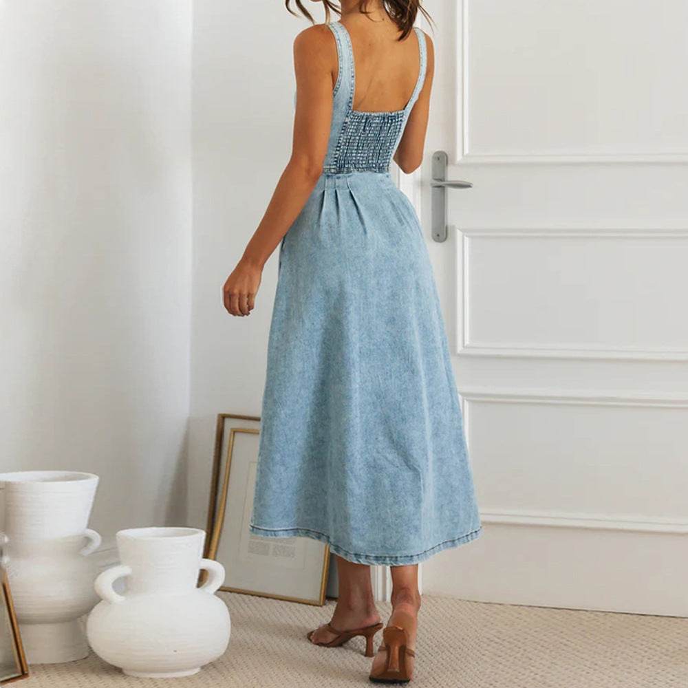 Women's sleeveless Denim Buckle Strap Midi maxi Dress - www.Shopthatapp.com