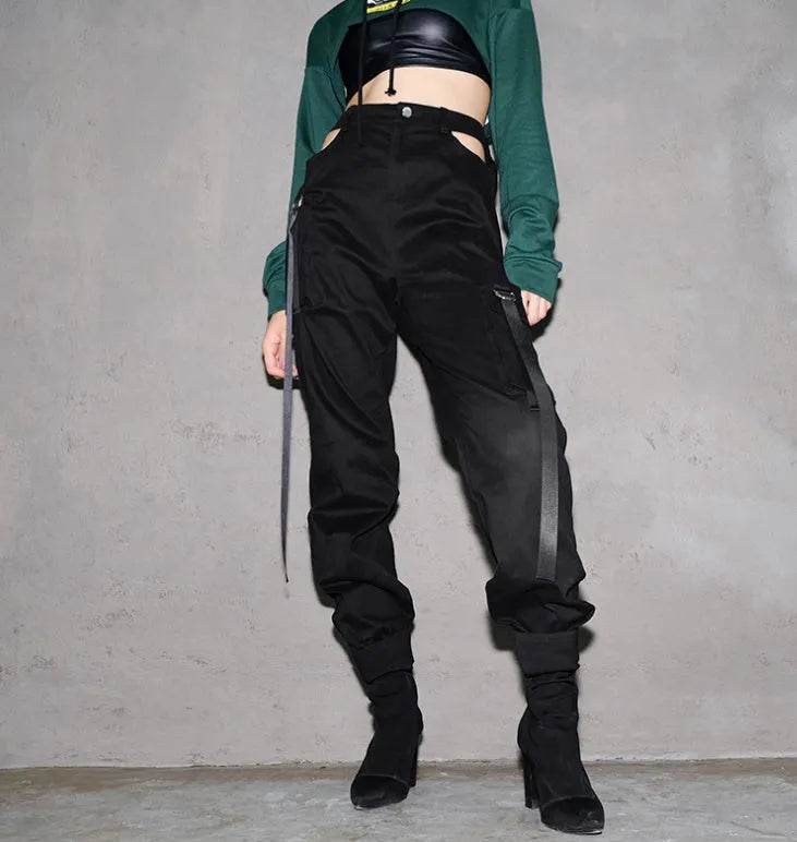 Women Black High Waist Pencil Pants Pockets Patckwork Hollow Out Pants Fashion Women Streetwear Cargo Pants Women Pants - www.Shopthatapp.com
