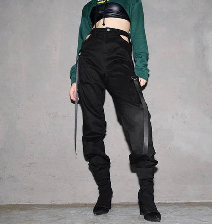 Women Black High Waist Pencil Pants Pockets Patckwork Hollow Out Pants Fashion Women Streetwear Cargo Pants Women Pants - www.Shopthatapp.com