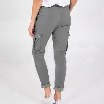 Casual Cargo Pants With Pockets Solid Color Drawstring Waist Pencil Trousers For Women - www.Shopthatapp.com