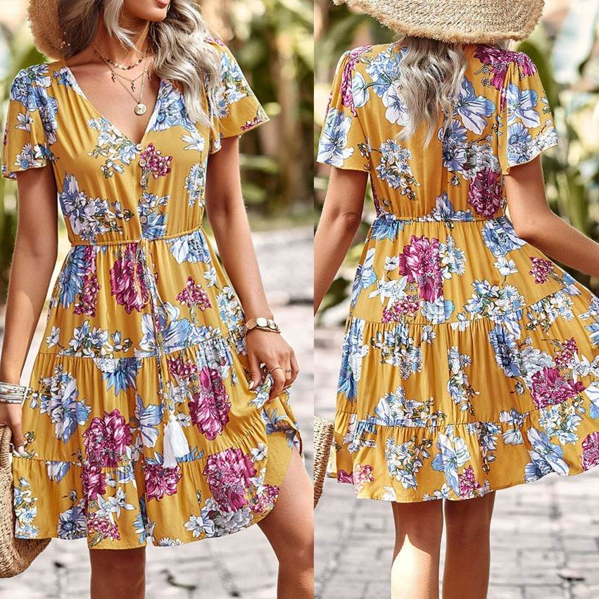 Women Casual floral summer dress  Printed V-neck short sleeve Mini Dress - www.Shopthatapp.com