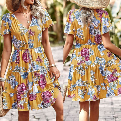 Women Casual floral summer dress  Printed V-neck short sleeve Mini Dress - www.Shopthatapp.com