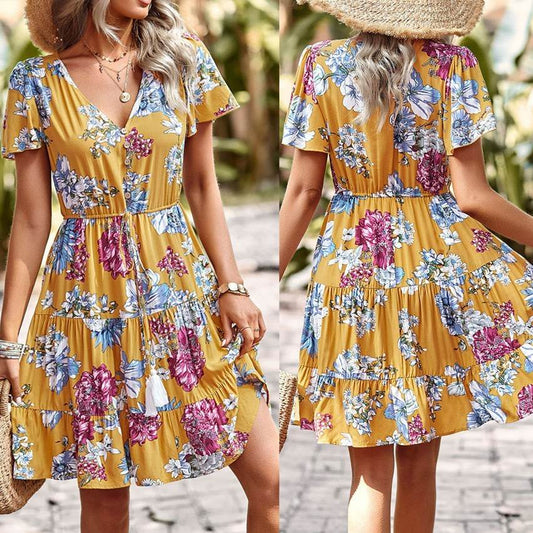 Women Casual floral summer dress  Printed V-neck short sleeve Mini Dress - www.Shopthatapp.com