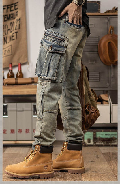 Sprin Autumn Retro Slim Fit Straight Leg Casual Distressed Denim Jeans Cargo Pant Men - www.Shopthatapp.com