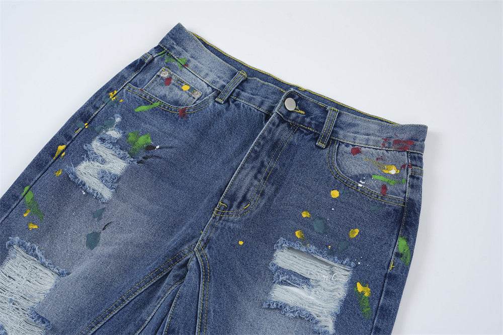 Ripped Paint Wide-leg Denim Trousers For Men Jeans - www.Shopthatapp.com