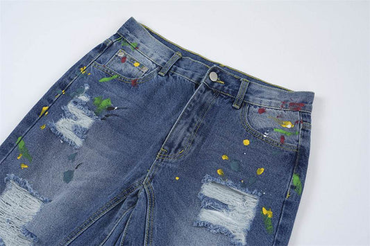 Ripped Paint Wide-leg Denim Trousers For Men Jeans - www.Shopthatapp.com
