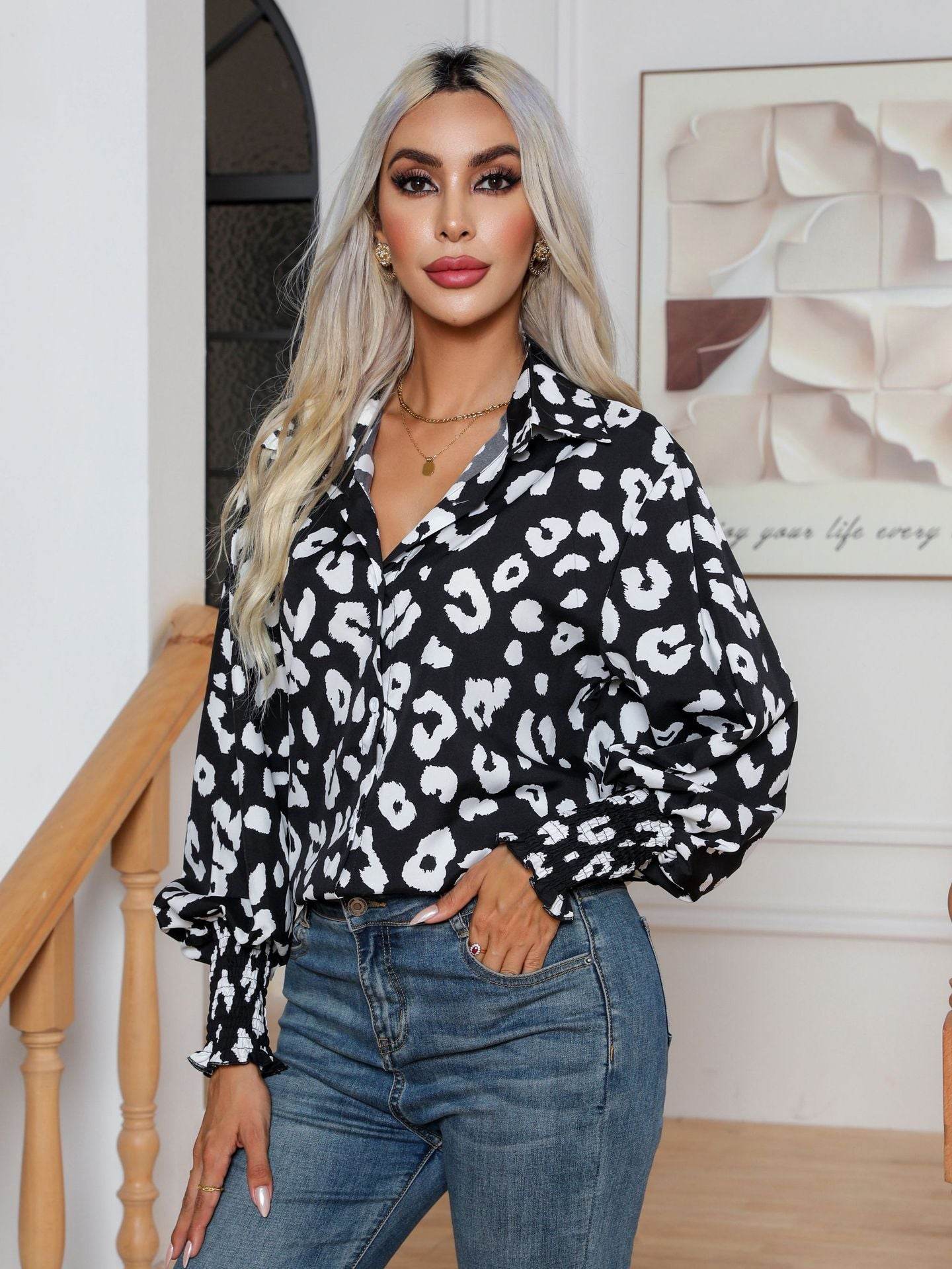 Leopard Print Lantern Sleeve Blouse Shirt top for Women - www.Shopthatapp.com