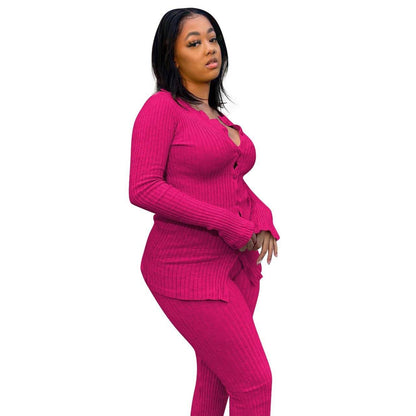 New Fashion Women Casual Slim fit Long sleeve Button down Athleisure wear 2pcs Outfit set - www.Shopthatapp.com