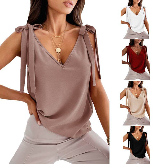 Bowknot Tie Up V-neck top Women Summer Sleeveless Blouse Tops - www.Shopthatapp.com