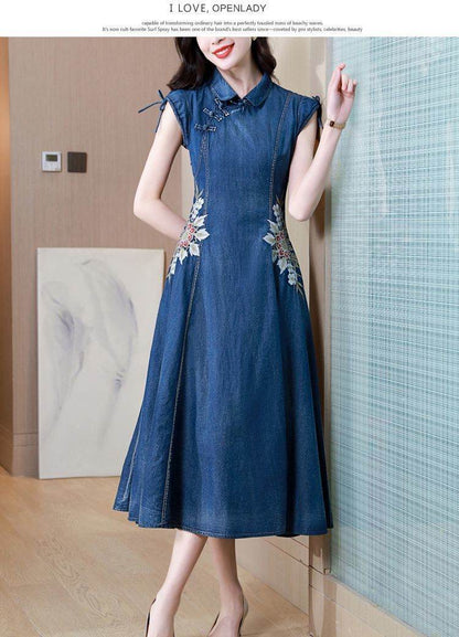 New Modified Version Denim Jeans Flared Midi Dress Female Machine Embroidery Retro - www.Shopthatapp.com