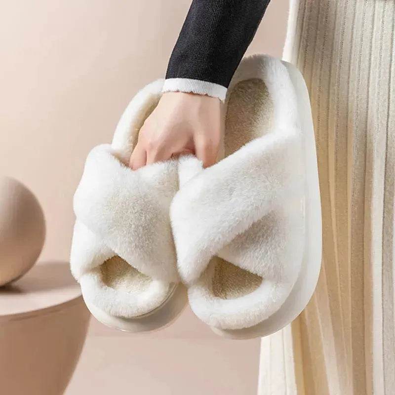 Women's Platform Fuzzy Home Slippers Winter Open Toe Criss-cross Solid Color Casual Floor Slides Indoor Flat Comfy House Shoes - www.Shopthatapp.com