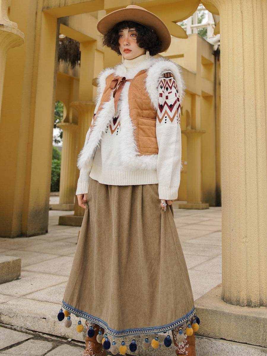 Corduroy Ethnic Style Fur Ball Stitching Brown High Waist Tassel Versatile Maxi Skirt - www.Shopthatapp.com