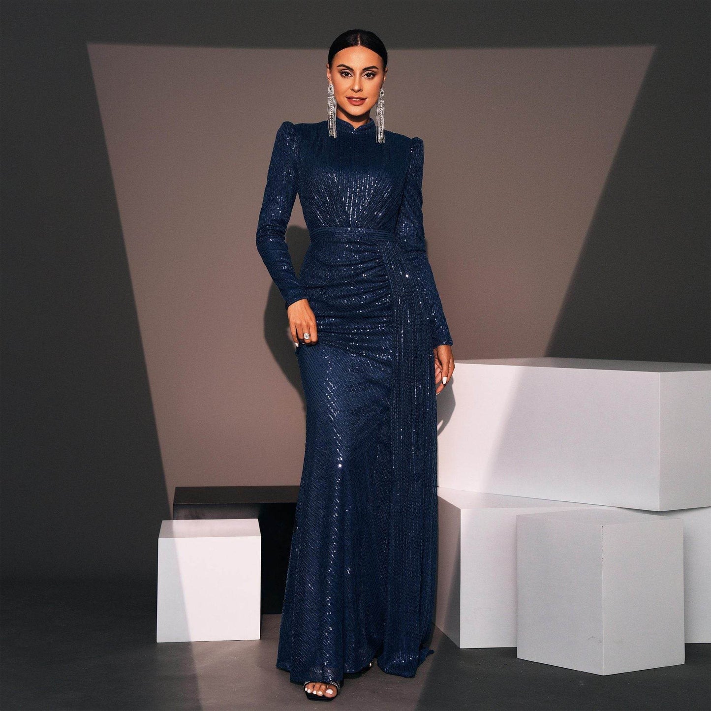 Long Sleeve Round Neck Slim Long Sequined Banquet Dress - www.Shopthatapp.com