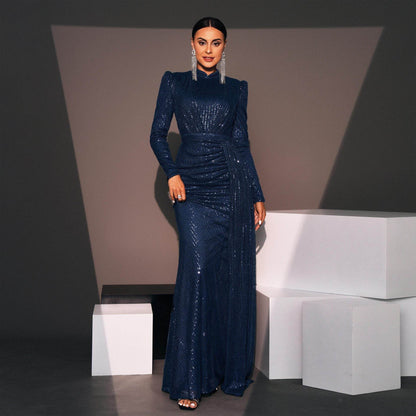 Long Sleeve Round Neck Slim Long Sequined Banquet Dress - www.Shopthatapp.com