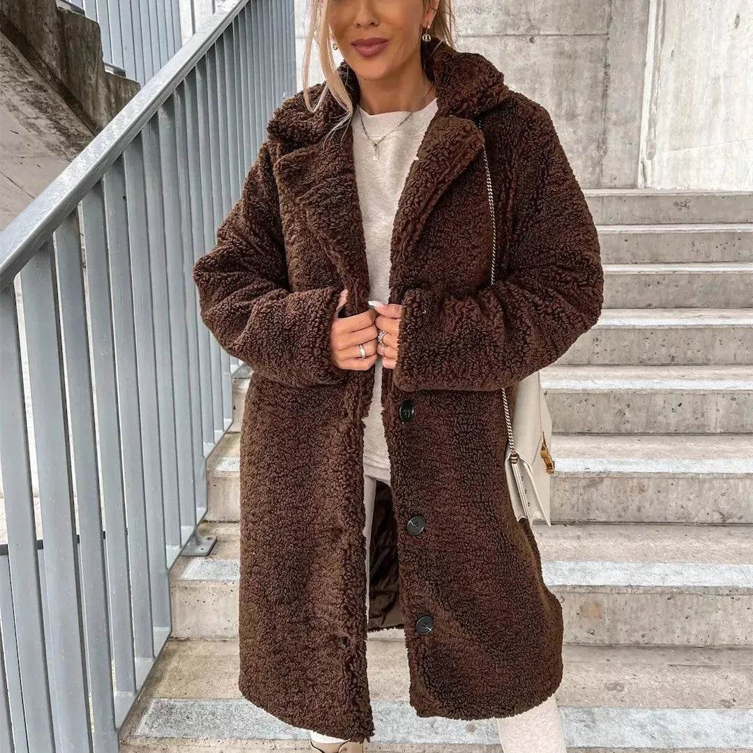 Buy Women's Long-sleeved Lapel Plush Fleece sherpa button Long Winter Overcoat - www.Shopthatapp.com