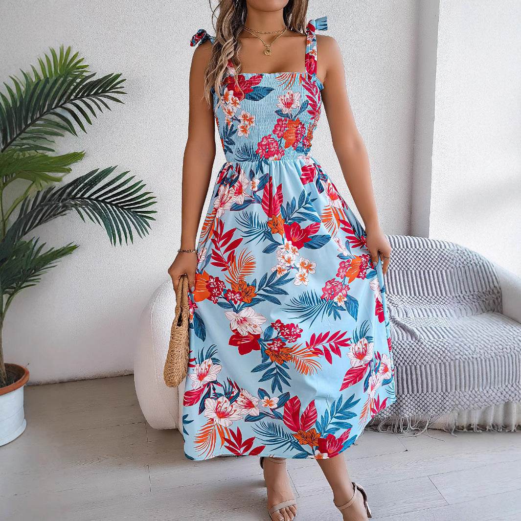 Flowers Print Suspender Corset Dress Ins Fashion Holiday Beach Long Dresses Summer Clothing For Women - www.Shopthatapp.com