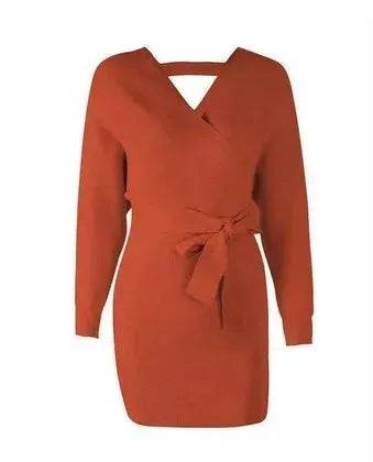 Autumn Winter Slim Fit V-neck Mini Wrap Sweater Dress - www.Shopthatapp.com
