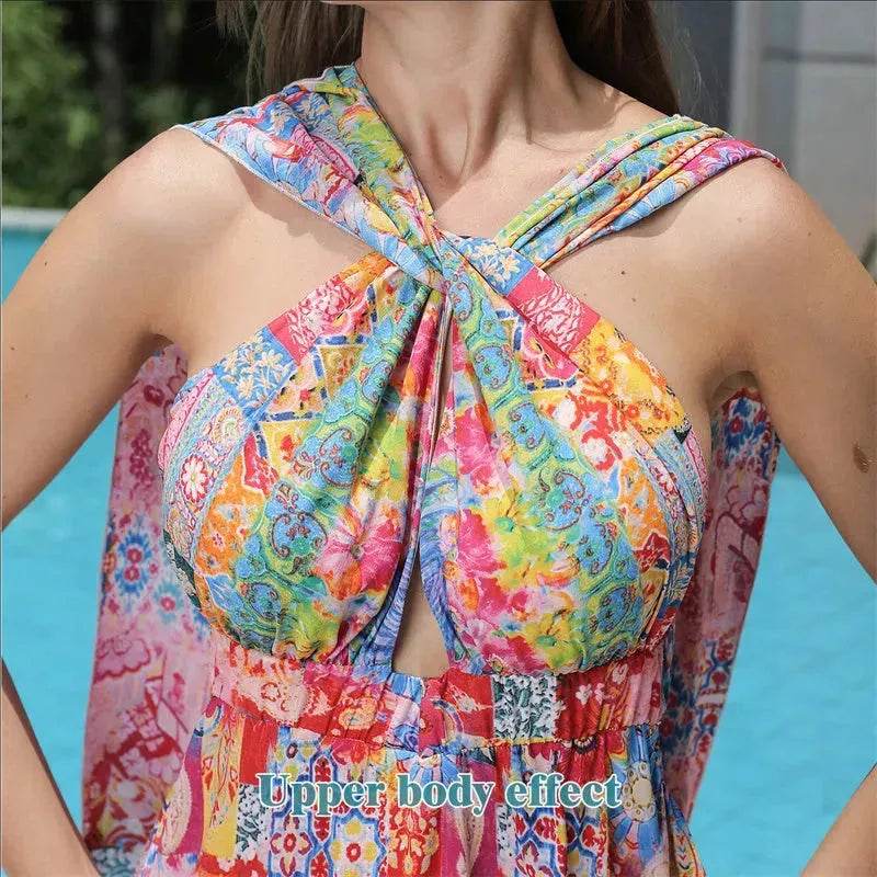 Casual Women's Floral Style Large Hem Cross Open Back Dress - www.Shopthatapp.com