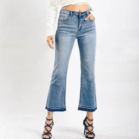 Women's Washed Elastic Loose Wide Leg Ankle-length Bootcut Jeans - www.Shopthatapp.com