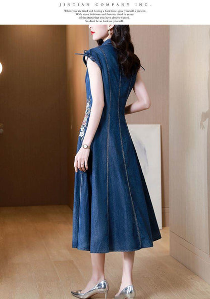 New Modified Version Denim Jeans Flared Midi Dress Female Machine Embroidery Retro - www.Shopthatapp.com