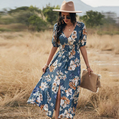 Floral Summer Beach Dress With V Neck Elastic Waist Dresses For Women - www.Shopthatapp.com