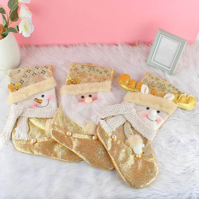 Santa Snowman Gold Christmas Stockings Pendant Candy Bag - www.Shopthatapp.com