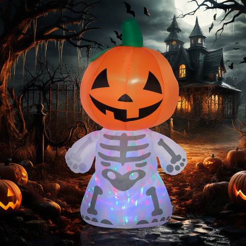 6ft Halloween Inflatables Outdoor Decorations, Smiling Skeleton Ghost With Pumpkin Head, Blow Up LED Yard Decor For Garden, Lawn, Party, Holiday, Waterproof - www.Shopthatapp.com