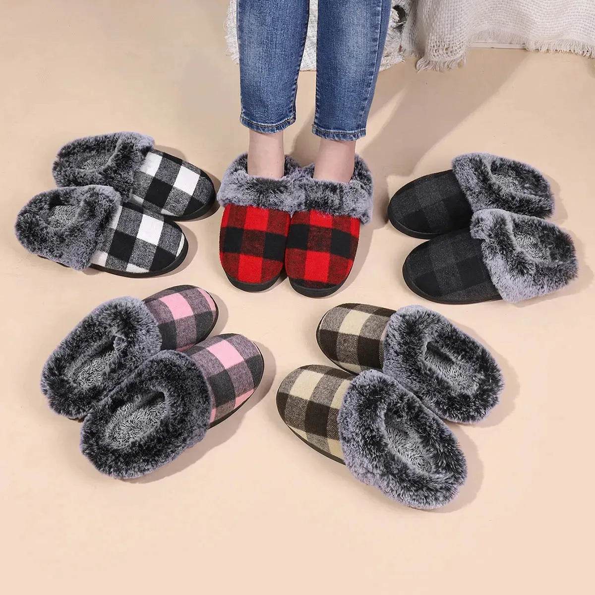 Winter Warm Plaid Plush Slippers Home Indoor Non-slip Bedroom Floor Soft Fuzzy Slipper For Couple Fashion Solid House Shoes - www.Shopthatapp.com