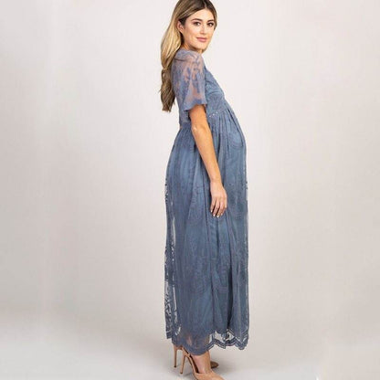 Maternity Dresses for Photo Shoot Summer V Neck White Lace Short Sleeve Pregnancy Dress Pregnant Women Photography Maxi Dress - www.Shopthatapp.com