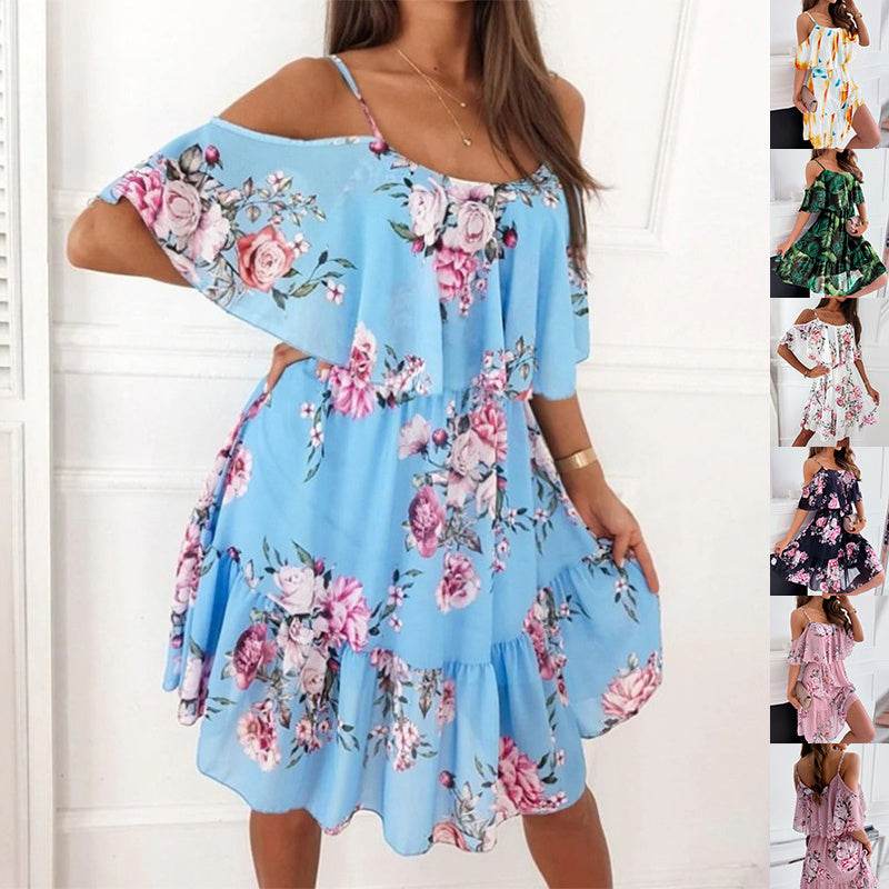 Flower Printed Ruffled Suspender Dress Summer Off-the-shoulder Strap Dresses Women - www.Shopthatapp.com