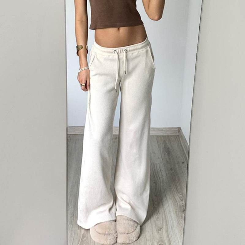Pure Color Minimal Versatile Sports Style Low Waist Lace-up Draping Mop Straight-leg Trousers - www.Shopthatapp.com