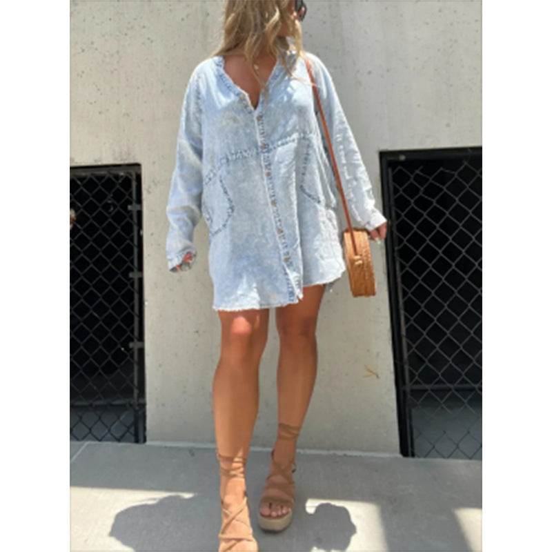 Women's Denim Washed Loose Shirt Dress - www.Shopthatapp.com
