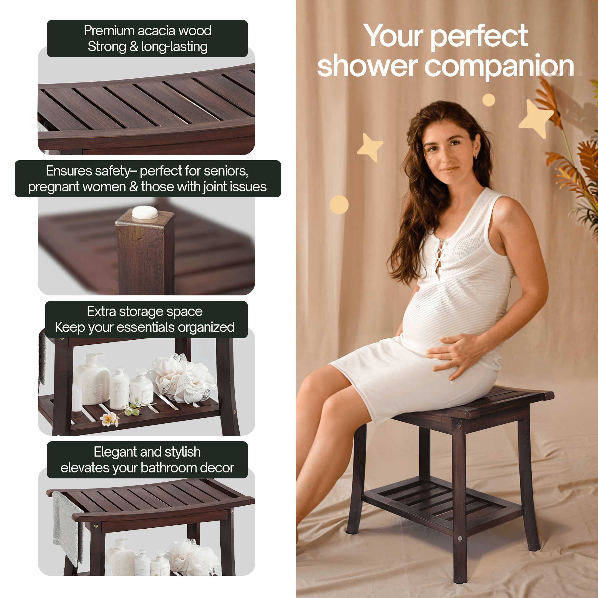 Tranquillo Wood Shower Bench, Shower Stool Wood - www.Shopthatapp.com
