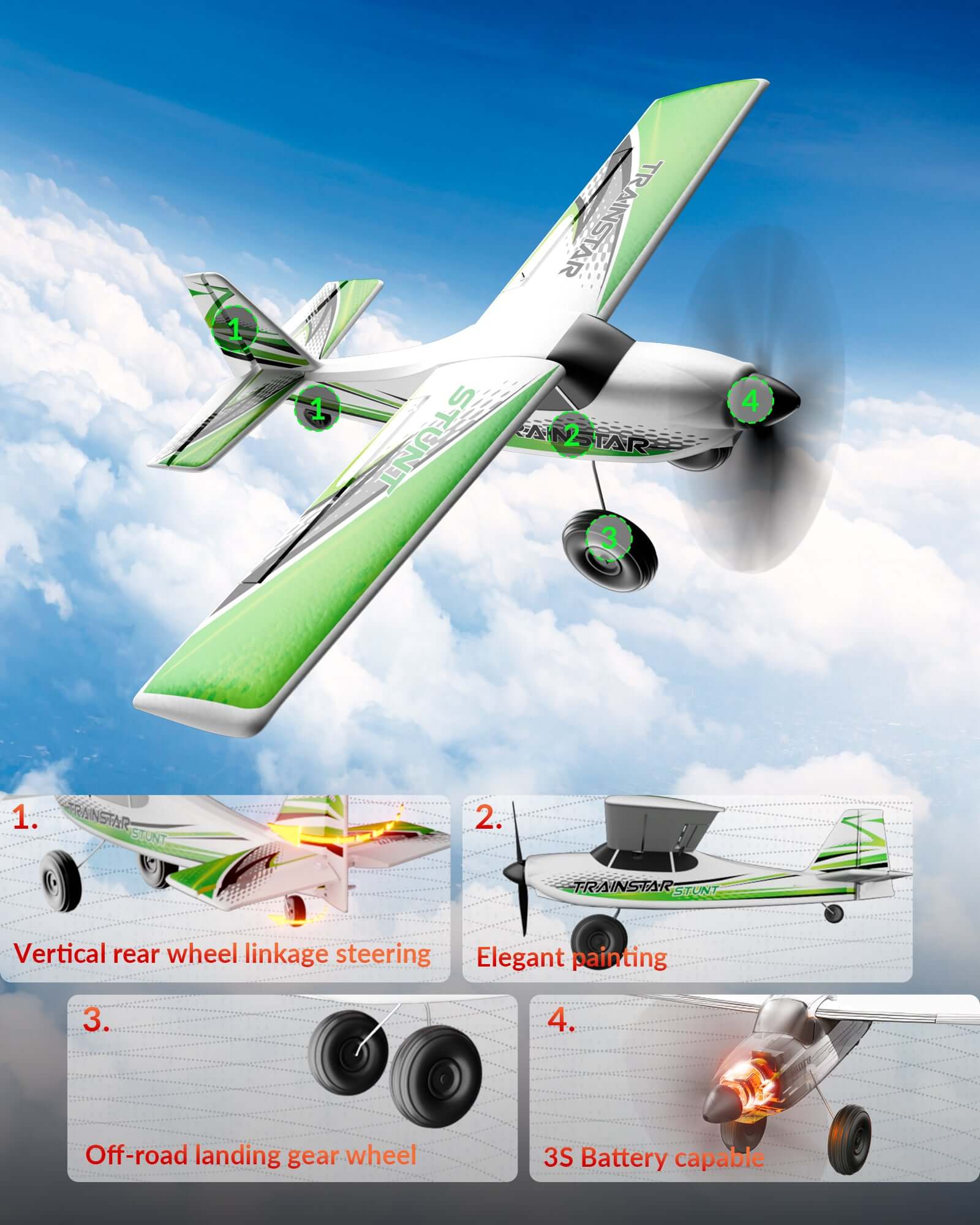VolantexRC Trainstar 500mm Brushless RC Plane 2S/3S Power RTF – Green/Orange - www.Shopthatapp.com