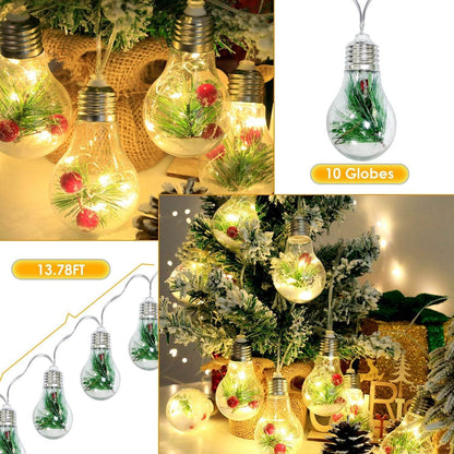 1Pc 13.78FT Christmas Snow Globe String Light Battery Powered 10 LED Bulbs Indoor Christmas Lights With Pine Needles Snowflakes Berries - www.Shopthatapp.com