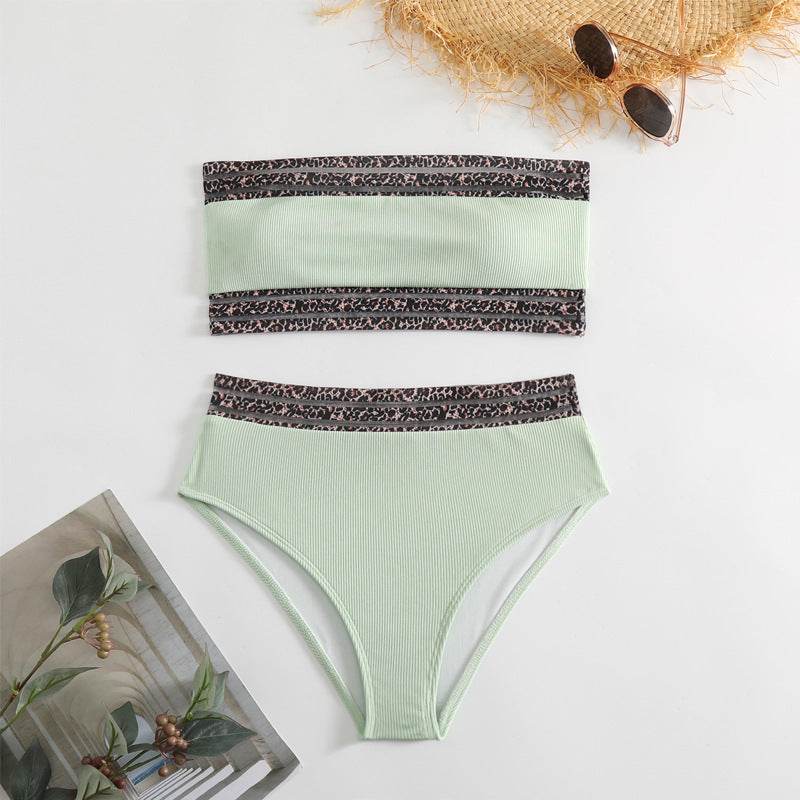 Split Swimsuit Leopard Splicing Strapless - www.Shopthatapp.com