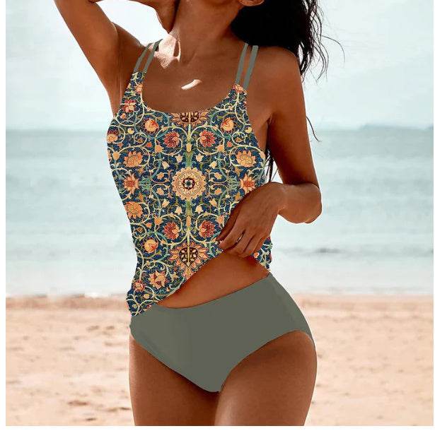 Vintage Printed Split High Waist Conservative Swimwear - www.Shopthatapp.com