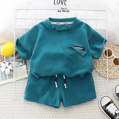 Children's Summer Clothing Casual Plain color Cotton Short Sleeve shirt and Short pant Two-piece Set - www.Shopthatapp.com