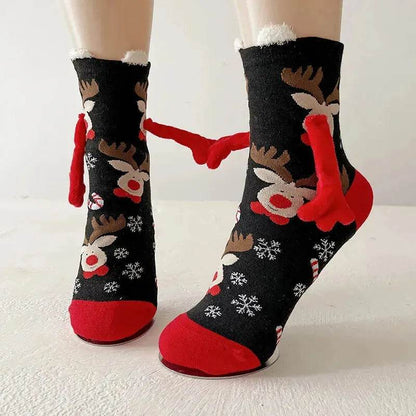 Christmas Magnetic Socks Cute Elk Santa Claus Snowman Hand-holding Socks For Couple - www.Shopthatapp.com
