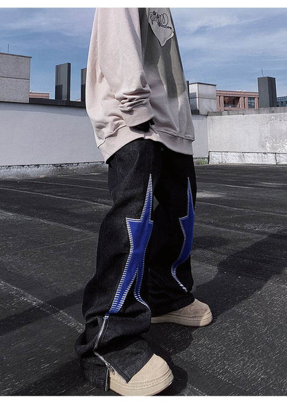 Five-pointed Star Embroidery Denim Horn Loose Straight Casual All-match Mop Jeans Baggy Trousers Men - www.Shopthatapp.com