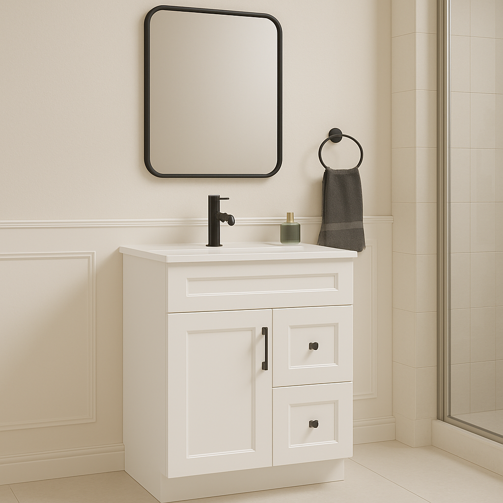 30-Inch Shaker Bathroom Vanity with Drawers — Left or Right | White or Gray | Plywood Cabinet, Solid-Wood Door, Soft-Close 3-Way Clip-On Hinges - www.Shopthatapp.com